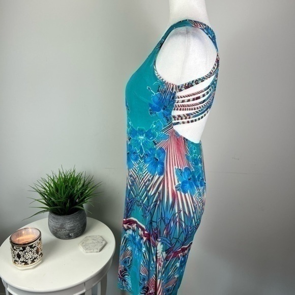 Julia Womens M Blue abstract stretchy Silk Blend sleeveless cocktail dress - Picture 3 of 7